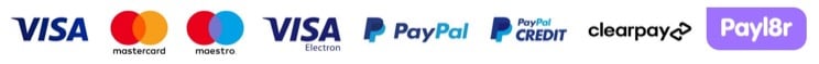 Visa, Mastercard, Maestro, Visa Electron, PayPal, PayPal Credit, Clearpay and Payl8r accepted