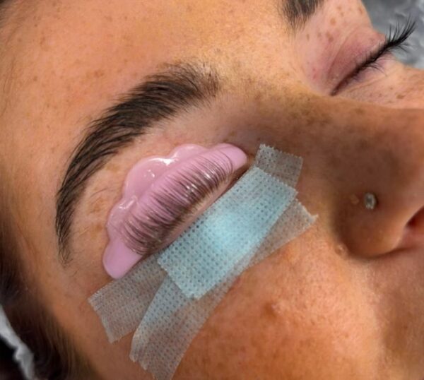 Lashes set on a lash lift shield