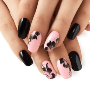 Black and pink floral nail art