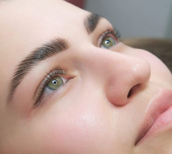 Close-up of finished laminated brows