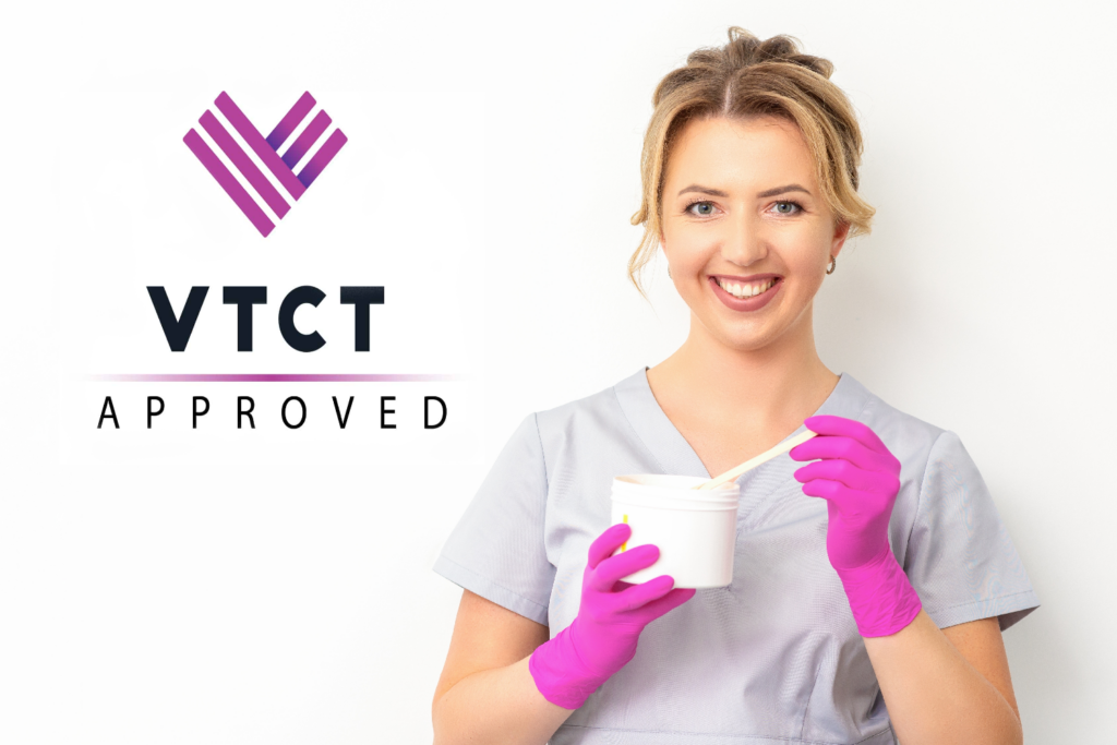 VTCT Approved logo with a smiling beauty therapist