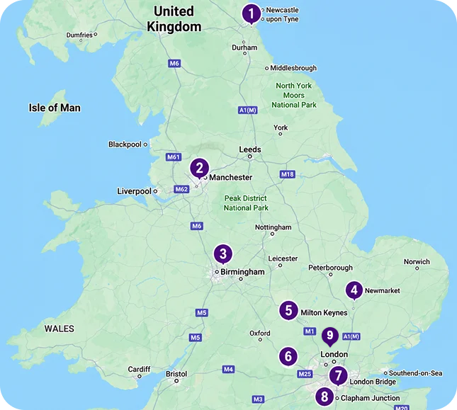 Map of The Beauty Academy training locations across England